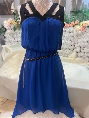 Thalia Royal Blue Midi Dress with Black Strap Accents